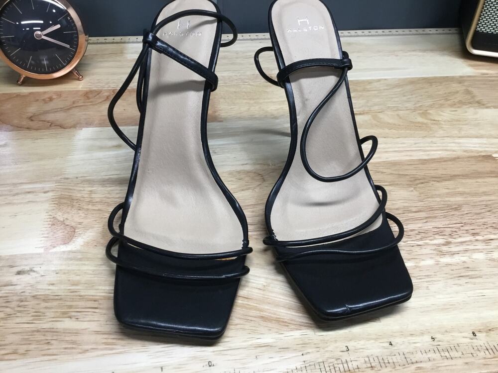 H by HALSTON Wizards Vegan Women 8.5 Black Leather Strappy Stiletto Heel Sandals